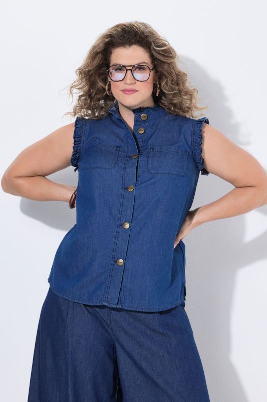 Haut sans manches en coton bio, col montant et ruchés