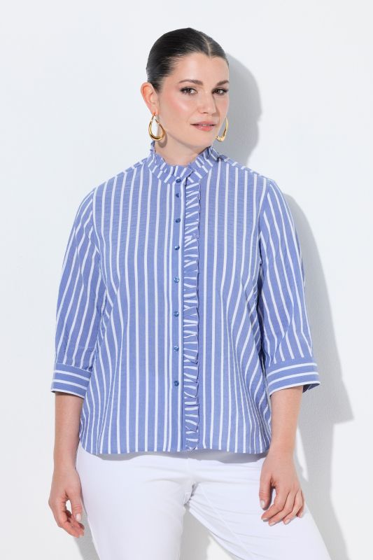 Chemisier en Seersucker, coupe évasée, col montant et manches&nbsp;3/4