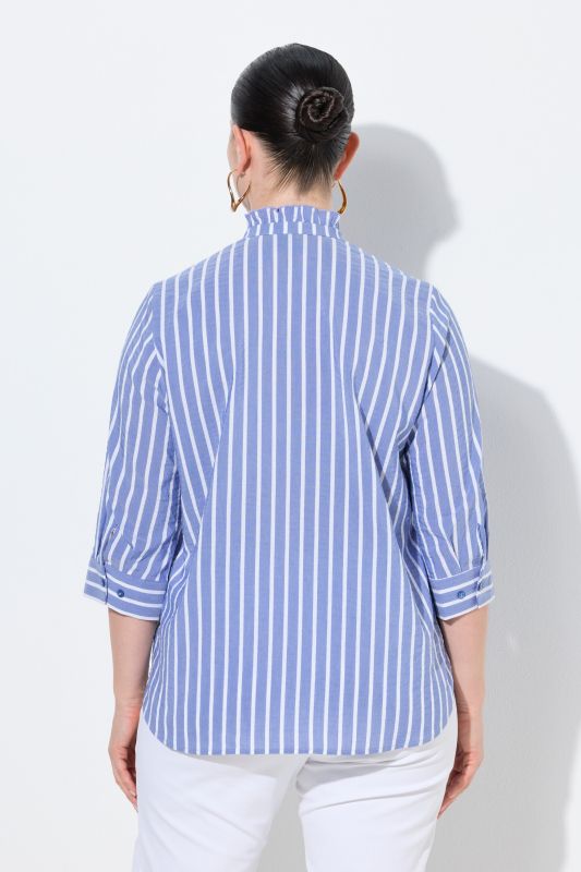 Chemisier en Seersucker, coupe évasée, col montant et manches&nbsp;3/4