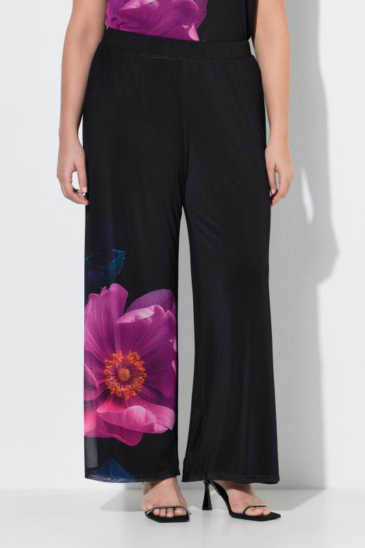 Pantalon en mousseline doublée, motif floral et taille élastique