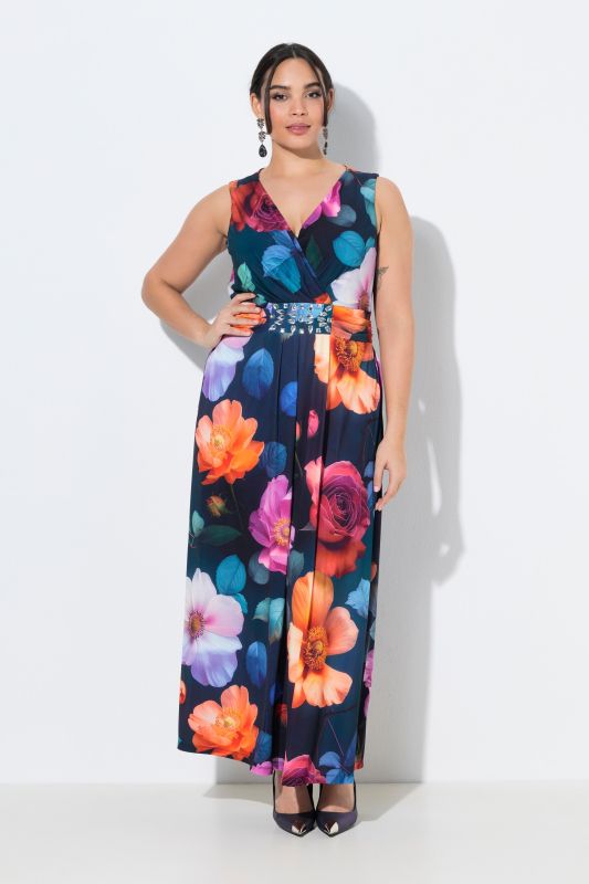 Robe maxi sans manches, motif grandes fleurs et décolleté en V, coupe évasée