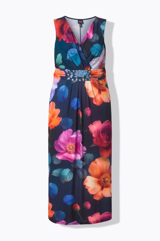 Robe maxi sans manches, motif grandes fleurs et décolleté en V, coupe évasée