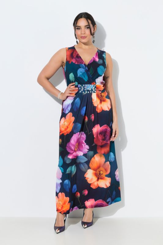 Robe maxi sans manches, motif grandes fleurs et décolleté en V, coupe évasée