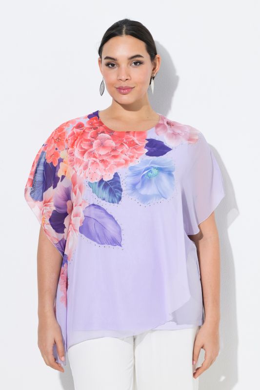 Blouse à fleurs en mousseline doublée, décolleté rond et manches courtes