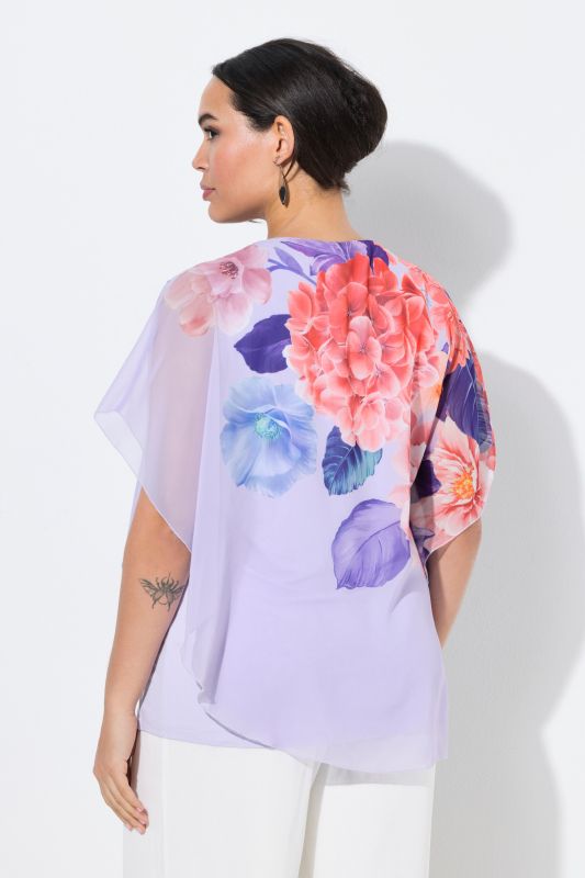 Blouse à fleurs en mousseline doublée, décolleté rond et manches courtes