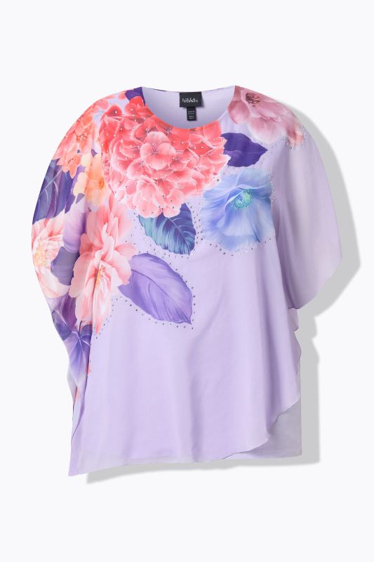 Blouse à fleurs en mousseline doublée, décolleté rond et manches courtes