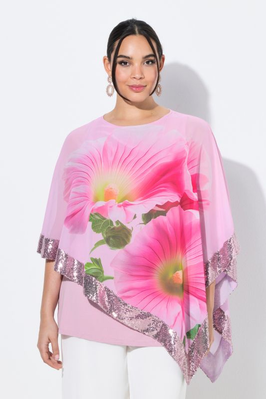 Blouse avec voile en mousseline à fleurs, encolure bateau et manches&nbsp;3/4