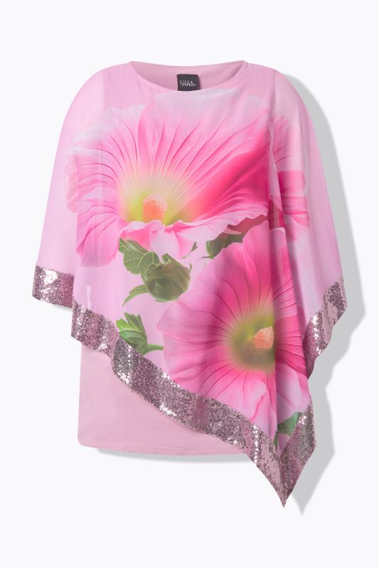 Blouse avec voile en mousseline à fleurs, encolure bateau et manches&nbsp;3/4