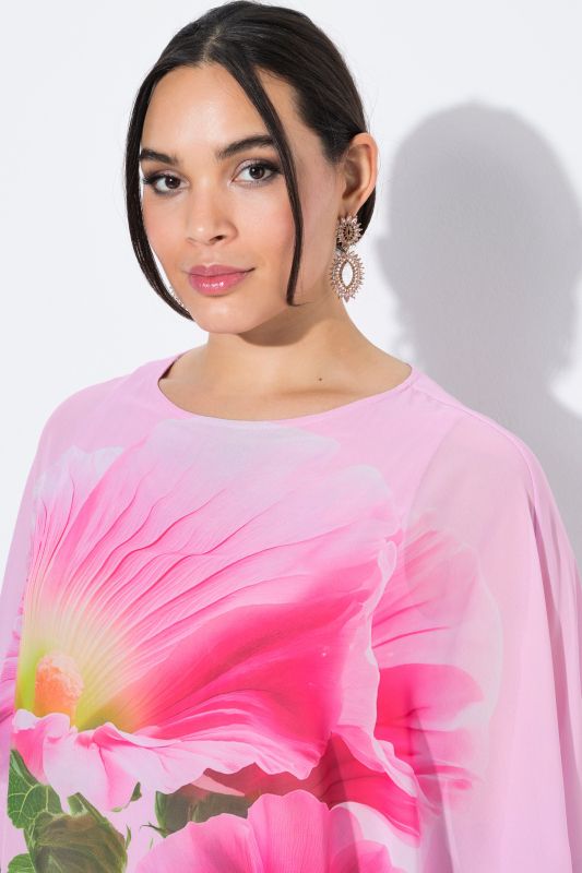 Blouse avec voile en mousseline à fleurs, encolure bateau et manches&nbsp;3/4