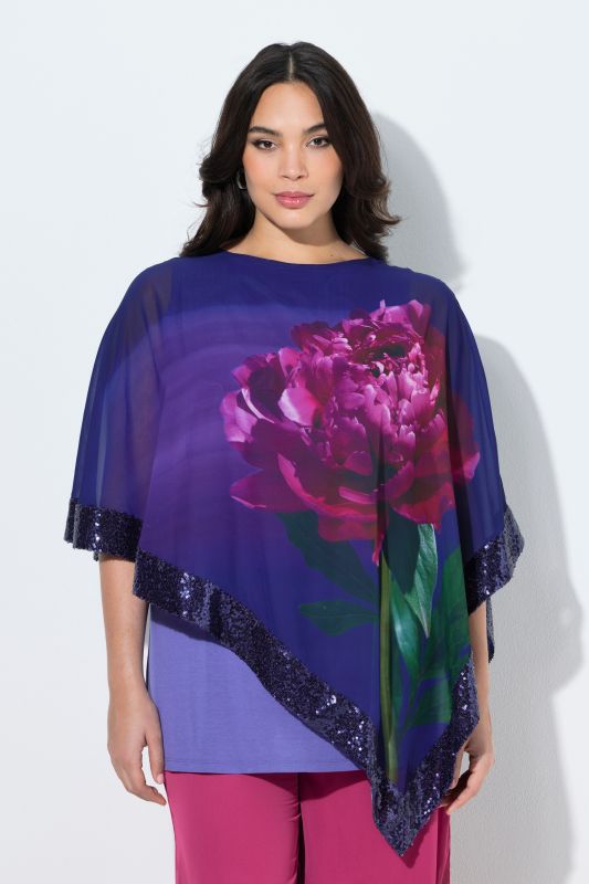 Blouse avec voile en mousseline à fleurs, encolure bateau et manches&nbsp;3/4