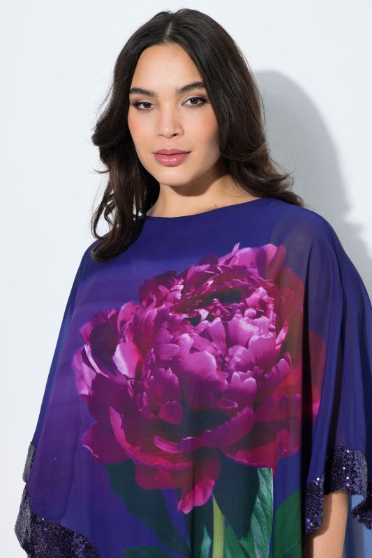 Blouse avec voile en mousseline à fleurs, encolure bateau et manches&nbsp;3/4