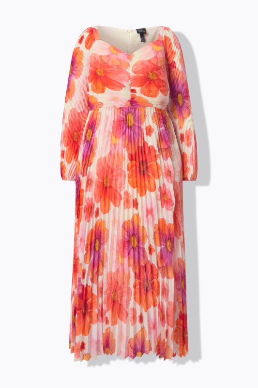 Robe maxi à fleurs, décolleté en forme de cœur et manches longues