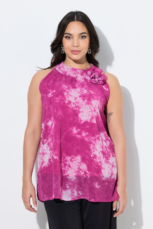 Blouse sans manches, col montant et motif floral, coupe évasée