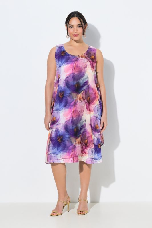 Robe en mousseline sans manches, motif floral, décolleté rond et coupe évasée