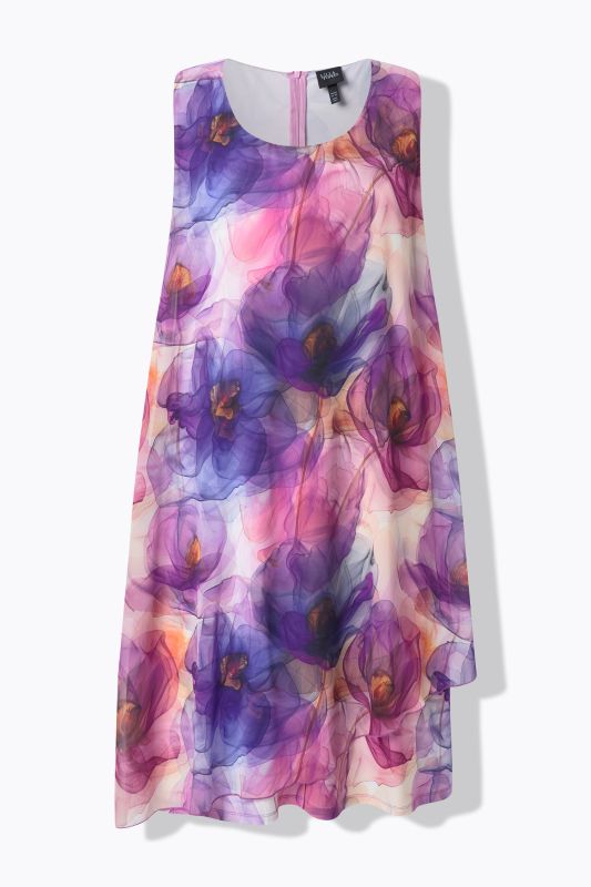 Robe en mousseline sans manches, motif floral, décolleté rond et coupe évasée