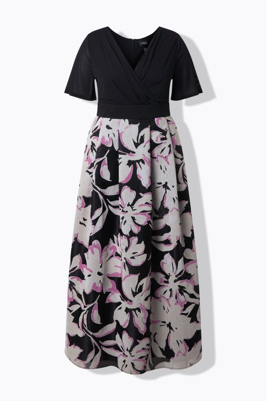 Robe maxi en tissu dévoré, décolleté en V et manches courtes