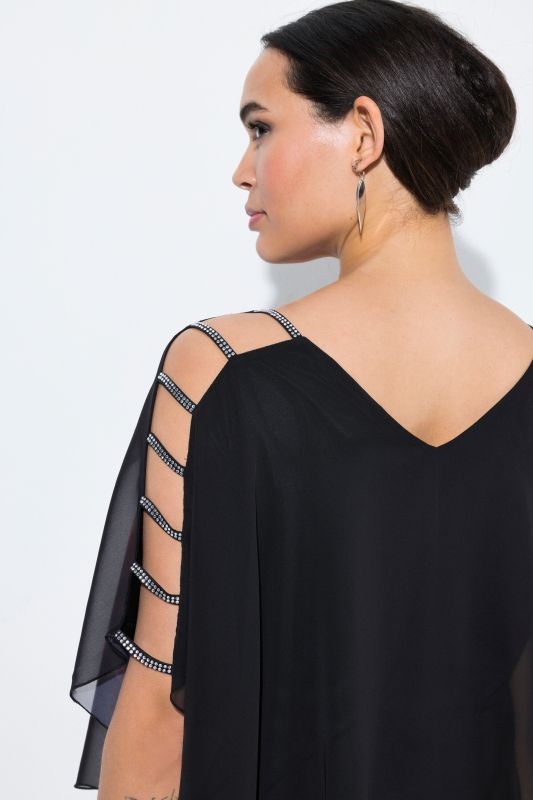 Blouse avec fleurs et petits strass scintillants, décolleté rond et manches courtes