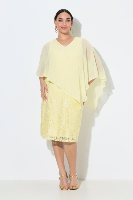 Robe en dentelle, coupe évasée, décolleté en V et manches&nbsp;3/4