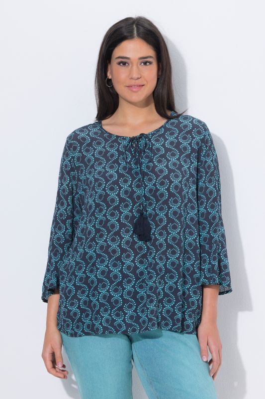 Tunique coupe évasée, col tunisien et manches&nbsp;3/4, cordon de serrage