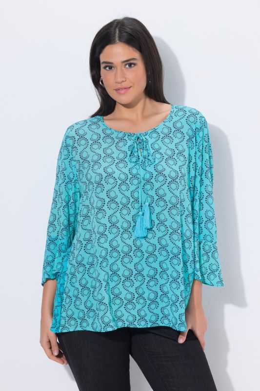 Tunique coupe évasée, col tunisien et manches&nbsp;3/4, cordon de serrage