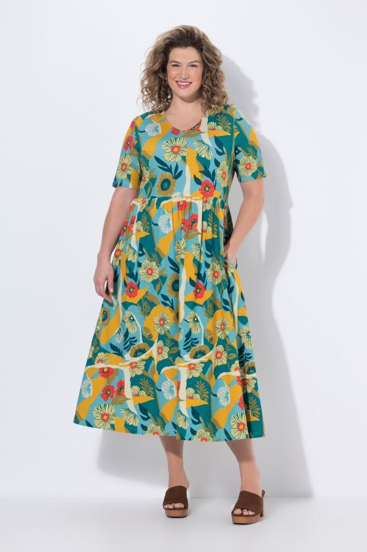 Robe en jersey de coton bio, motif à fleurs, décolleté rond et manches courtes