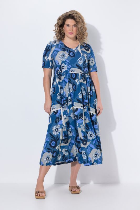Robe en jersey de coton bio, motif à fleurs, décolleté rond et manches courtes