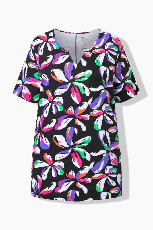 T-shirt long motif à fleurs, manches courtes et col tunisien