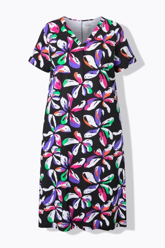 Robe midi motif floral, avec poches, décolleté en V et manches courtes, coupe évasée