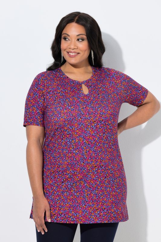 T-shirt long à motif, manches courtes et décolleté rond avec «&nbsp;trou de serrure&nbsp;»