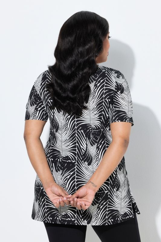 T-shirt long imprimé graphique, décolleté en V et manches courtes