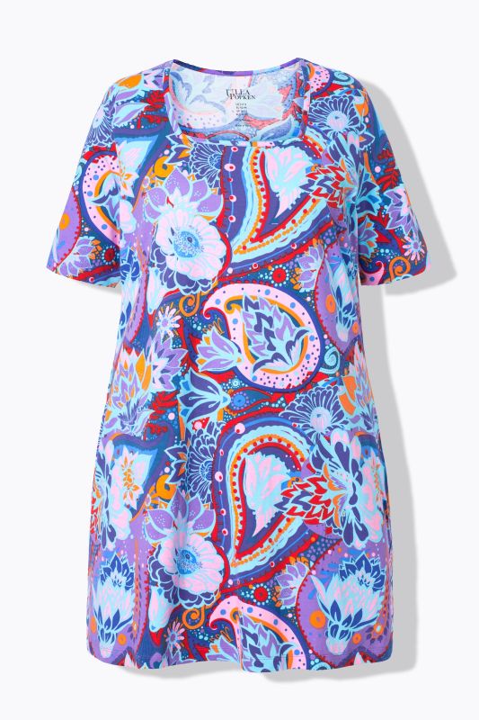 T-shirt long avec imprimé, poches, décolleté carré et manches courtes