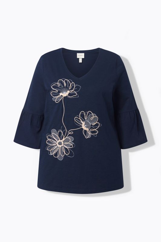 T-shirt en coton bio avec broderies, décolleté rond et manches&nbsp;3/4
