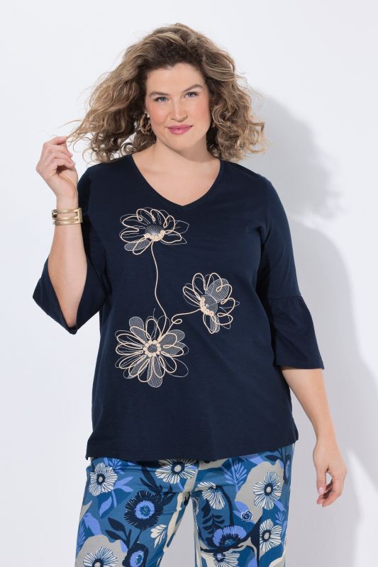 T-shirt en coton bio avec broderies, décolleté rond et manches&nbsp;3/4