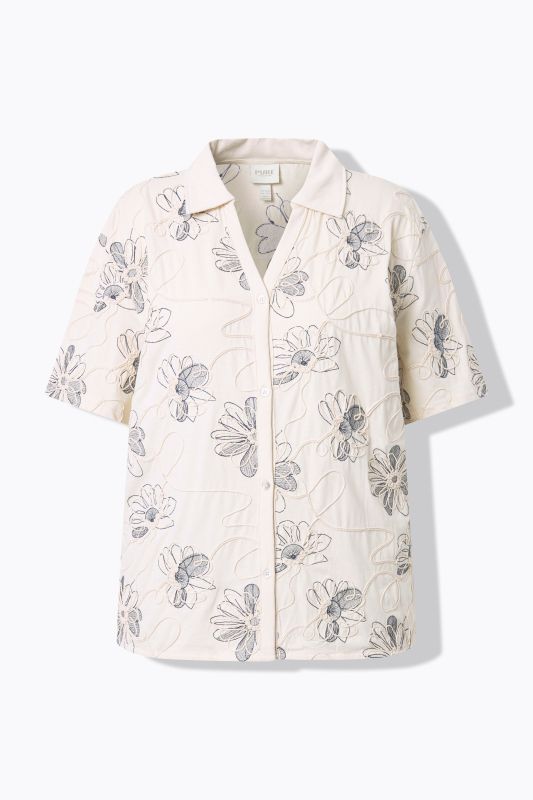 Surchemise en coton bio, avec broderies, col chemise et manches&nbsp;3/4