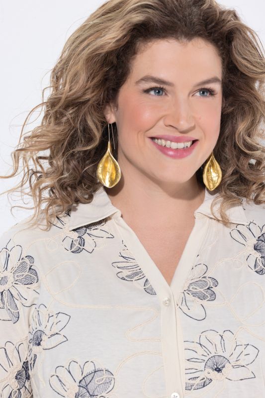 Surchemise en coton bio, avec broderies, col chemise et manches&nbsp;3/4