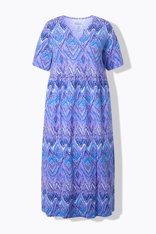 Robe maxi coupe évasée, imprimé, col tunisien et manches courtes