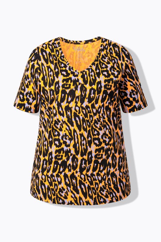 T-shirt motif léopard, décolleté en V et manches courtes