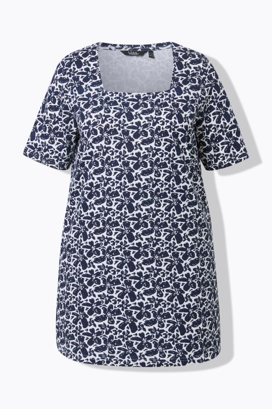 T-shirt long, décolleté carré et manches courtes, coupe évasée