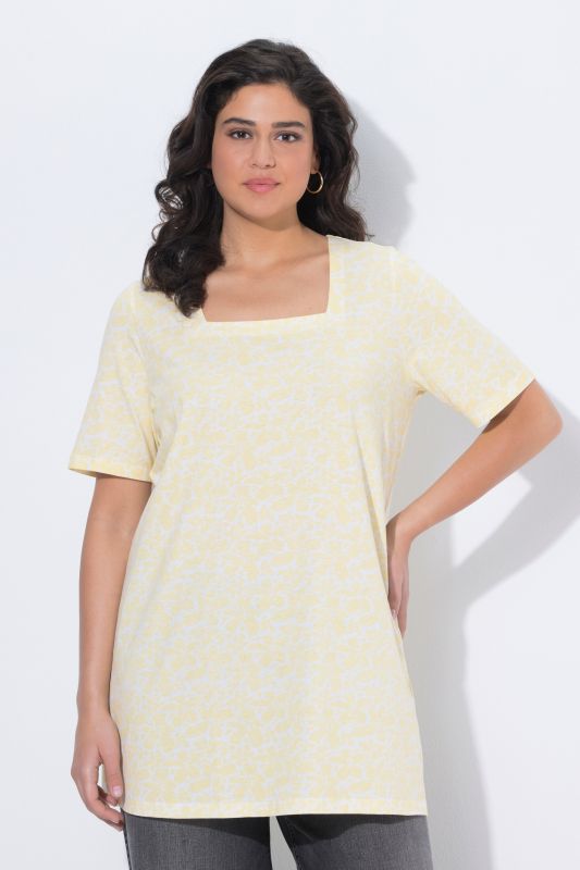 T-shirt long, décolleté carré et manches courtes, coupe évasée