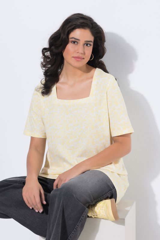 T-shirt long, décolleté carré et manches courtes, coupe évasée