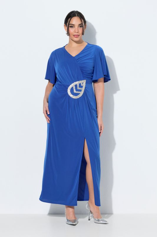 Robe maxi manches courtes et décolleté en V, drapé, application