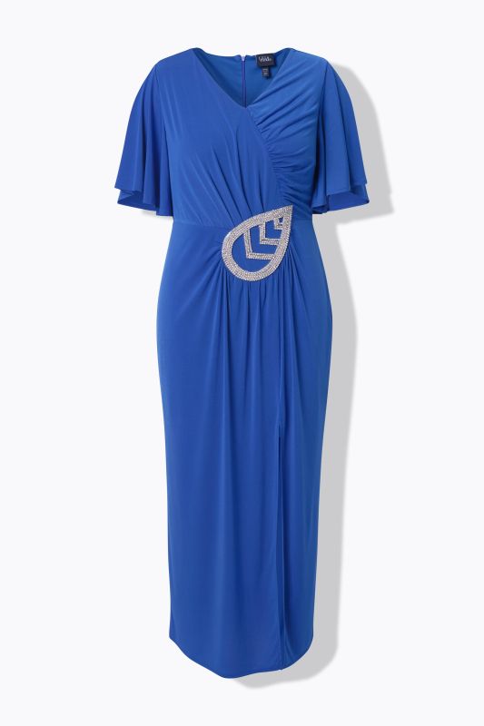 Robe maxi manches courtes et décolleté en V, drapé, application