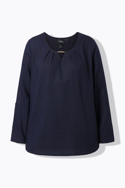 Blouse en lin mélangé, barrette fantaisie, décolleté rond et manches&nbsp;3/4