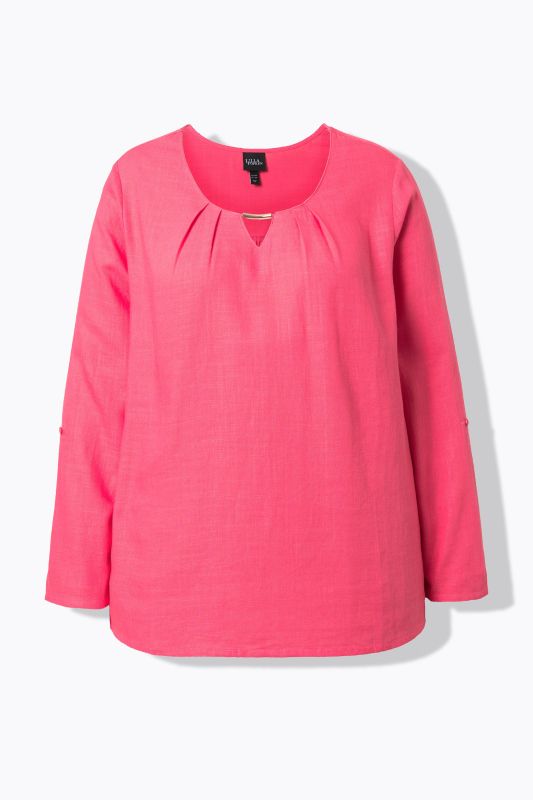 Blouse en lin mélangé, barrette fantaisie, décolleté rond et manches&nbsp;3/4