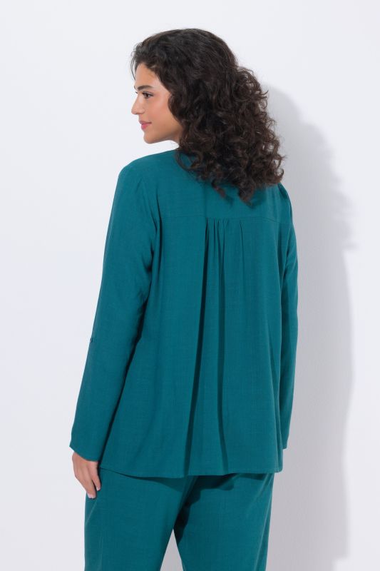 Blouse en lin mélangé, barrette fantaisie, décolleté rond et manches&nbsp;3/4