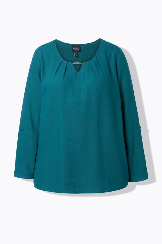 Blouse en lin mélangé, barrette fantaisie, décolleté rond et manches&nbsp;3/4