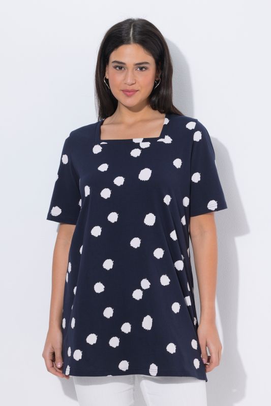 T-shirt long motif à pois, décolleté carré et manches 3/4, coupe évasée