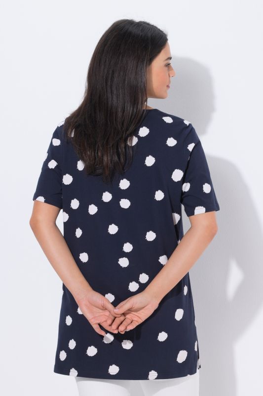 T-shirt long motif à pois, décolleté carré et manches 3/4, coupe évasée