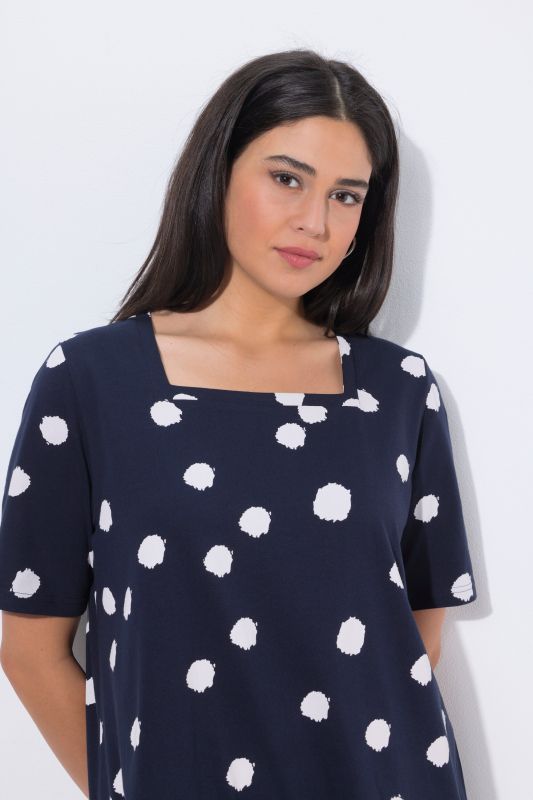 T-shirt long motif à pois, décolleté carré et manches 3/4, coupe évasée