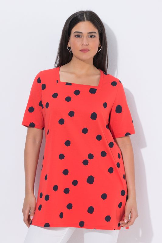 T-shirt long motif à pois, décolleté carré et manches 3/4, coupe évasée